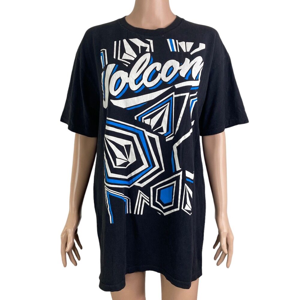 Volcom T-shirt Mens Large Blue Black Spell Out Short Sleeve Stretch all over